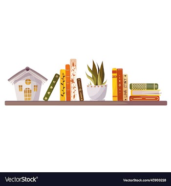 stack of books on the wall with bookshelves