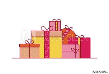 Stack of festive gift boxes wrapped in paper and decorated with ribbons and bows