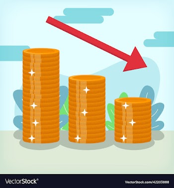 stacked golden coins with bearish arrow down