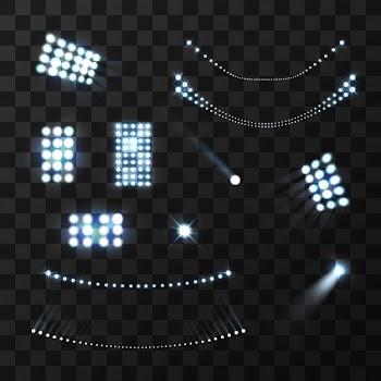 Stadium blue lights and lamps realistic set isolated Free Vector