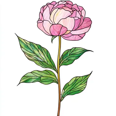 Stained Glass Pink Peony Flower with Green Leaves Stained Glass Pink Peony Flower with Green Leaves