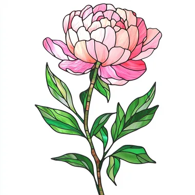 Stained Glass Pink Peony with Green Leaves Stained Glass Pink Peony with Green Leaves