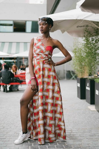 Standing Woman Wearing Red One-shoulder Dress