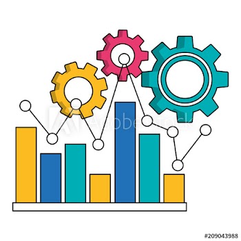 statistic bar graph pointed line and gears teamwork vector illustration