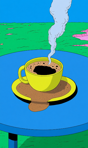 Steaming Coffee Cup on a Bright Blue Table