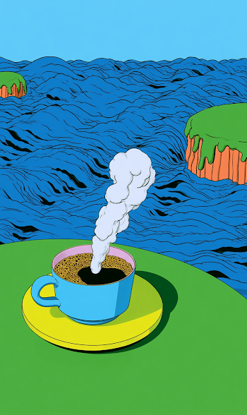 Steaming Coffee Cup on Vibrant Landscape