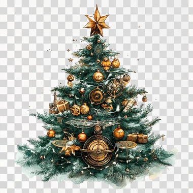 Steampunk Christmas Tree Clipart, Watercolor Images for Digi