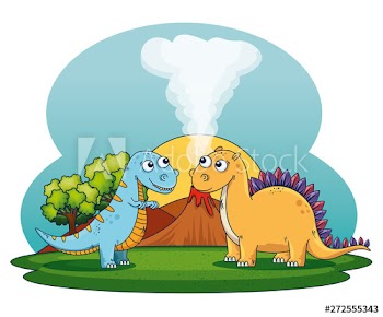 stegosaurus and thescelosaurus with volcano smoke and trees