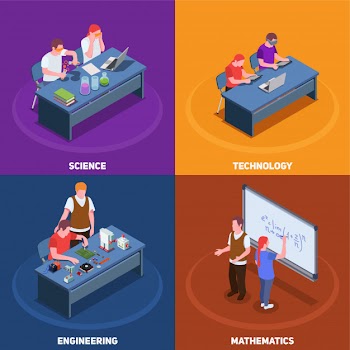 Stem education isometric 2x2 concept with various situations involving students and teachers with text captions Free Vector