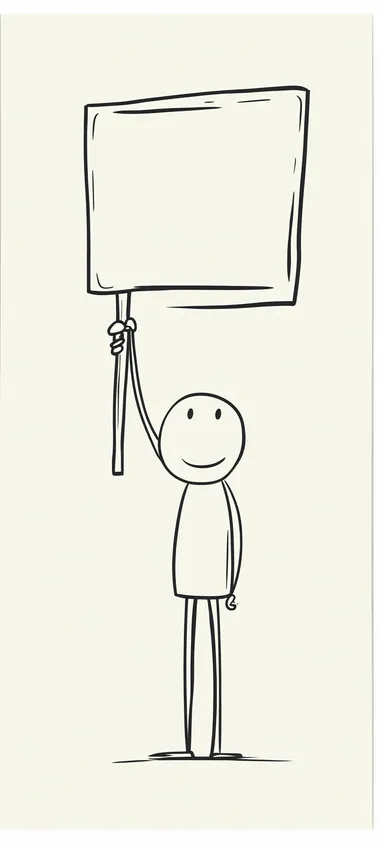 Stick figure in minimalist style holding sign above head indoors