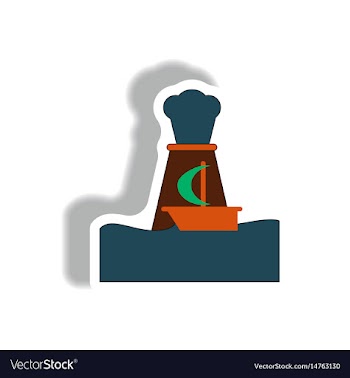 Sticker volcano explosion and boat vector image