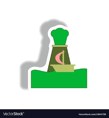 Sticker volcano explosion and boat vector image