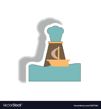 Sticker volcano explosion and boat vector image