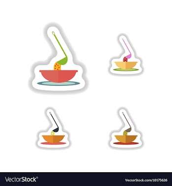 Stickers assembly plate of soup and ladle vector image