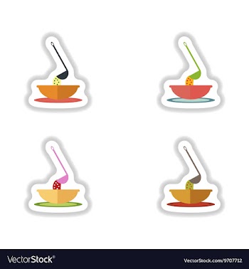 Stickers assembly plate of soup and ladle vector image