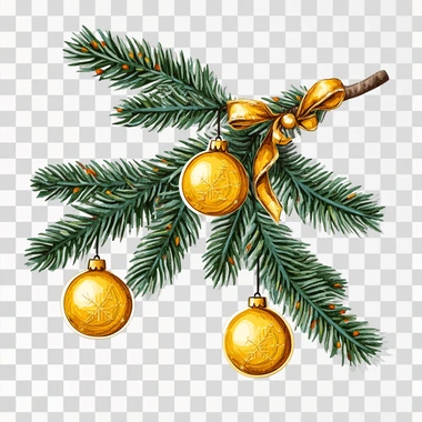 stickers spruce branch with yellow balls and garland on whit