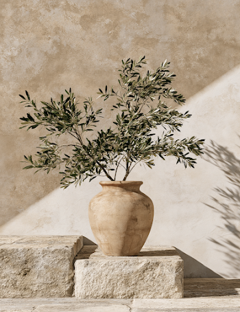 Still Life with Olive Branch in Terracotta Urn