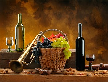 Still life with wines and trumpet