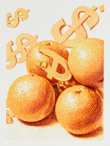 Stippling of Dollar Signs and Oranges in Warm Tones