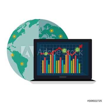 stock market variation by covid 19 with laptop and icons design