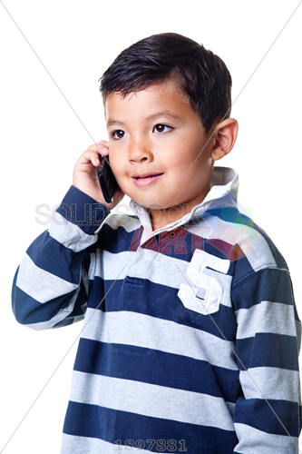 Stock Photo of Dark-haired asian boy in blue striped shirt calling ...