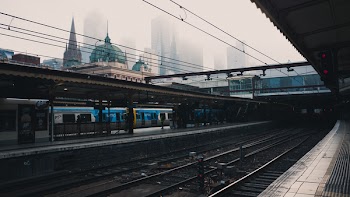 Stock Photography of Blue and White Train at Station