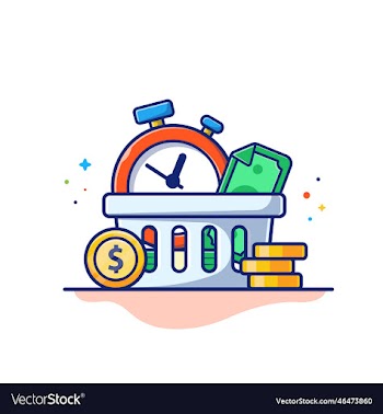 stopwatch with gold coin and money in box cartoon