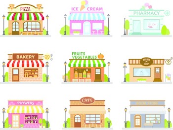 Store shop buildings set with pizza restaurant bakery cafe barber flowers ice cream. Flat vector set