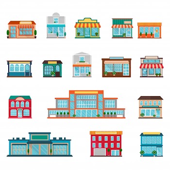 Stores and supermarkets big and small buildings icons set Free Vector