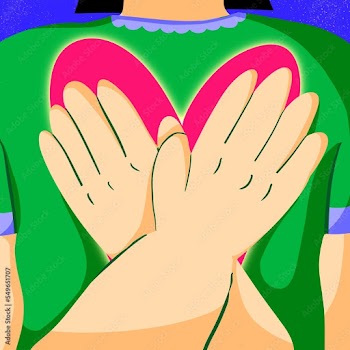 Straight-haired woman with her arms crossed while holding a heart on her chest