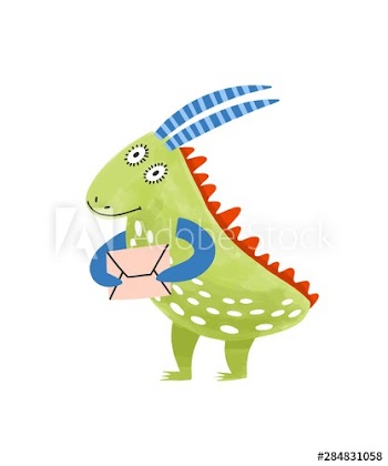 Strange fantastic monster or alien holding letter in envelope