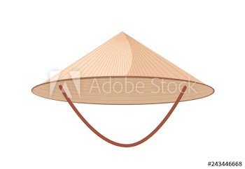 Straw Asian conical or rice hat with strap isolated on white background