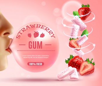 Strawberry bubble gum composition Free Vector