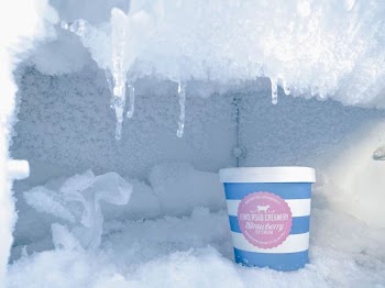 strawberry ice cream bottle inside container covered in ice