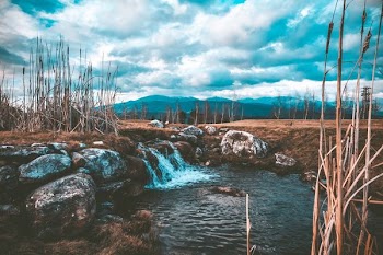 stream of water near brown soil and stone