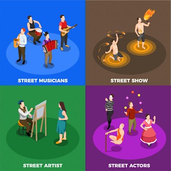 Street artist musicians actors and performers of fire show isometric  concept isolated Free Vector