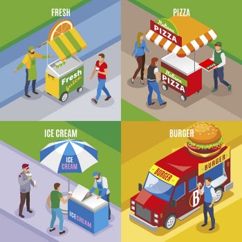Street food isometric concept with fresh juice pizza ice cream and burger Free Vector