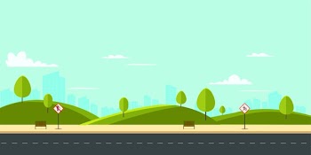 Street in public park with nature landscape and building background vector illustration.Main street scene with public sign vector.City street with sky background
