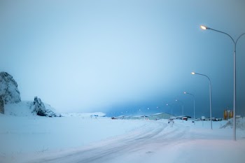 Street Lights Glow In Iceland Winter