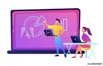 Student sitting in front of big laptop and listening to lector vector illustration