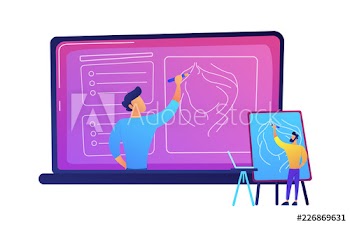 Student watching online tutorial on a big laptop vector illustration