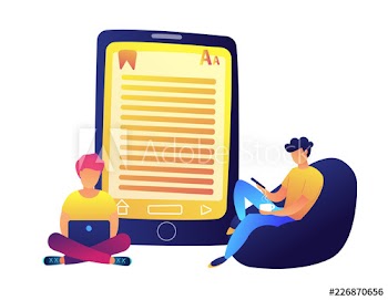 Students reading e-book and huge tablet vector illustration