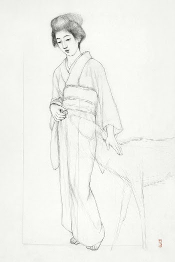 Study of a standing woman stroking a deer… | Free public domain illustration