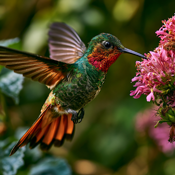 Stunning Hummingbird in Flight Near Pink Flower
