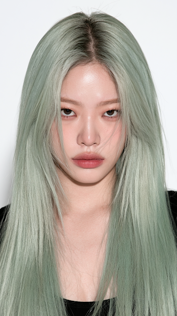 Stunning Portrait of a Korean Woman with Mint Straight Hair