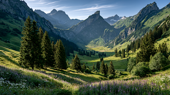 Stunning Valley in the Swiss Alps During Golden Hour