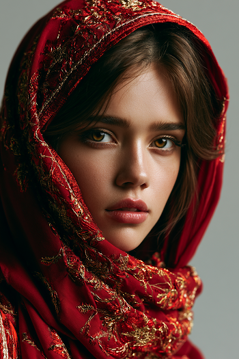 Stunning Woman in Embroidered Red Scarf
