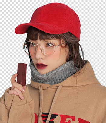 STYLENANDA, woman in brown hooded jacket wearing red cap and eyeglasses with silver frames transparent background PNG clipart