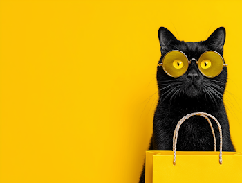 Stylish Black Cat with Yellow Sunglasses and Shopping Bag