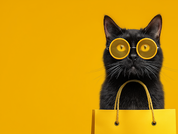 Stylish Black Cat with Yellow Sunglasses Shopping